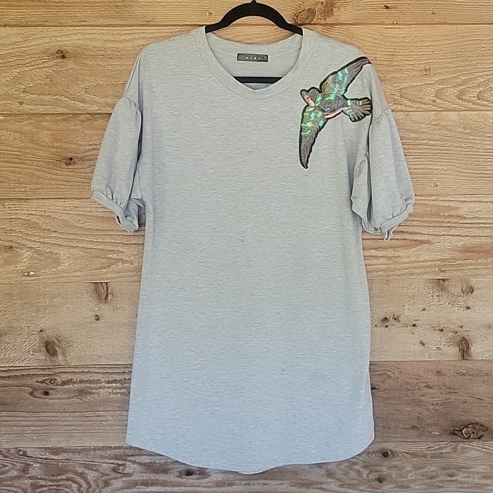 Kiki Gray Dress Embroidered Sequin Bird Size Medium